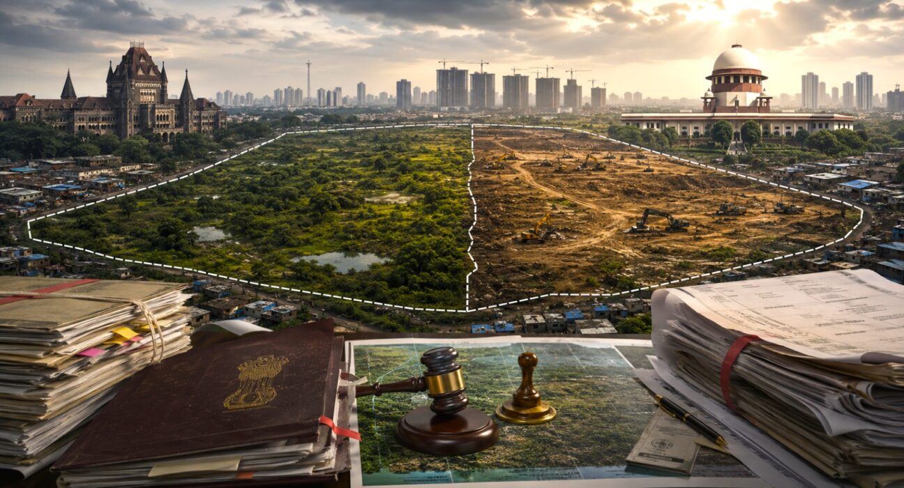 Editorial illustration depicting Maharashtra government challenging ownership of 254-acre Mira-Bhayandar land dispute in Supreme Court