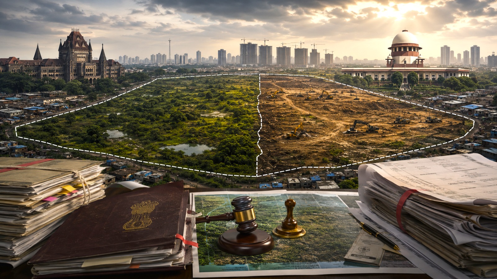 Editorial illustration depicting Maharashtra government challenging ownership of 254-acre Mira-Bhayandar land dispute in Supreme Court