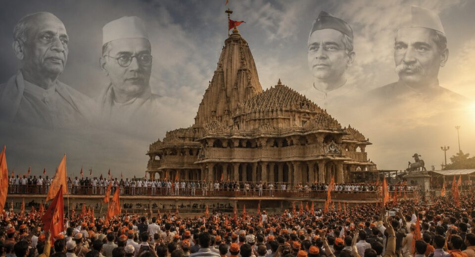 Somnath Temple with archival-style images of Sardar Patel, Kanhaiyalal Munshi, Kakasaheb Gadgil and Dr Rajendra Prasad symbolising the temple reconstruction history