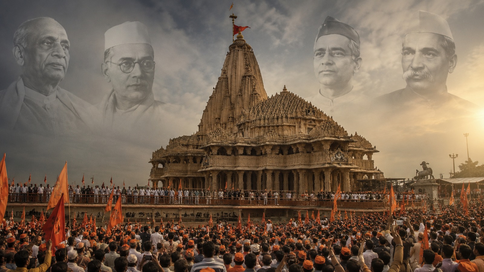Somnath Temple with archival-style images of Sardar Patel, Kanhaiyalal Munshi, Kakasaheb Gadgil and Dr Rajendra Prasad symbolising the temple reconstruction history