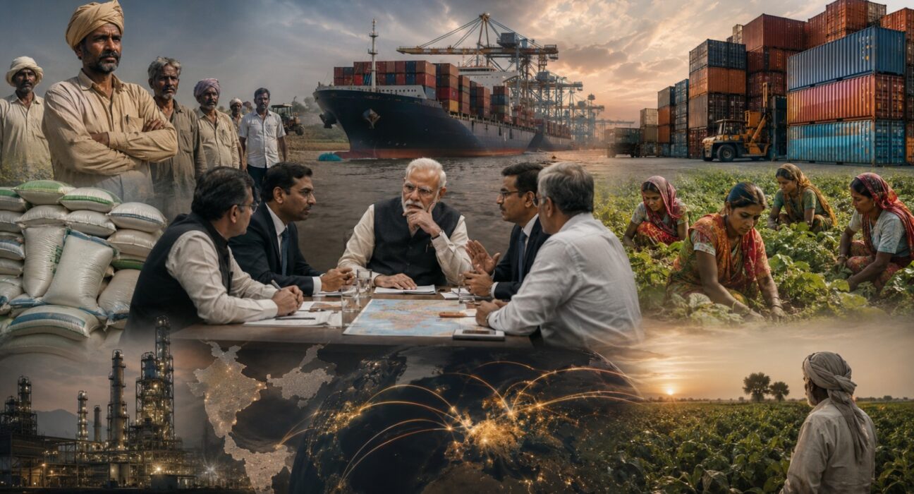 Indian farmers, policymakers, exports, fertiliser industry and global trade routes symbolising India’s agricultural and economic challenges