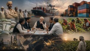 Indian farmers, policymakers, exports, fertiliser industry and global trade routes symbolising India’s agricultural and economic challenges
