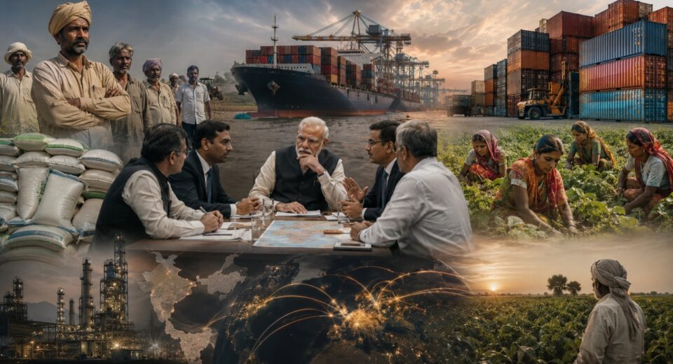 Indian farmers, policymakers, exports, fertiliser industry and global trade routes symbolising India’s agricultural and economic challenges