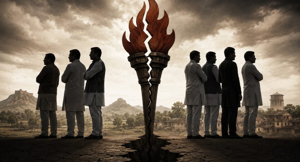 Symbolic political illustration showing divided leaders under a fractured torch symbol, representing internal tensions within a regional political party in Maharashtra