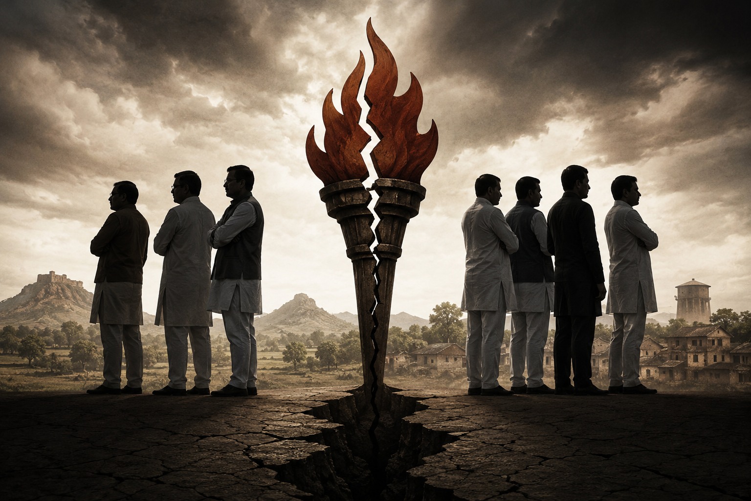 Symbolic political illustration showing divided leaders under a fractured torch symbol, representing internal tensions within a regional political party in Maharashtra