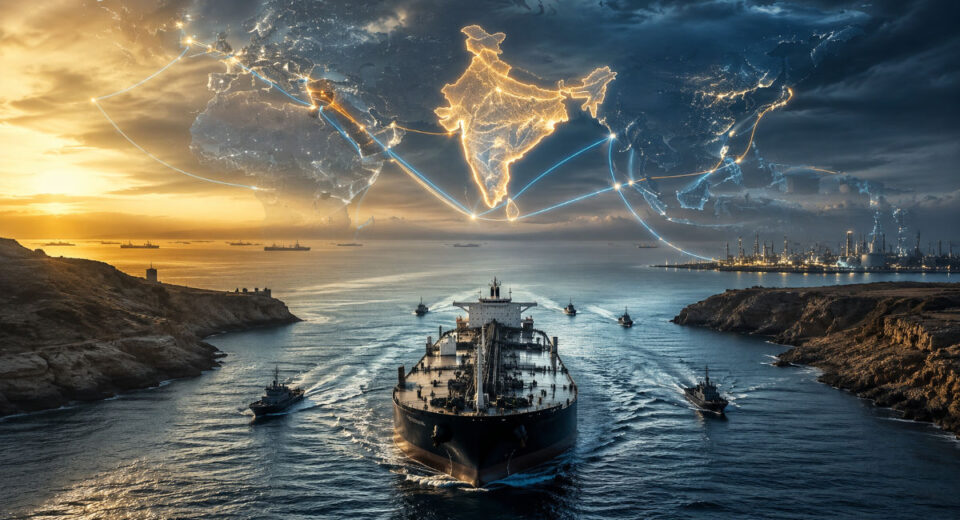 Oil tanker sailing through strategic maritime routes symbolising India’s energy import dependence and geopolitical connectivity