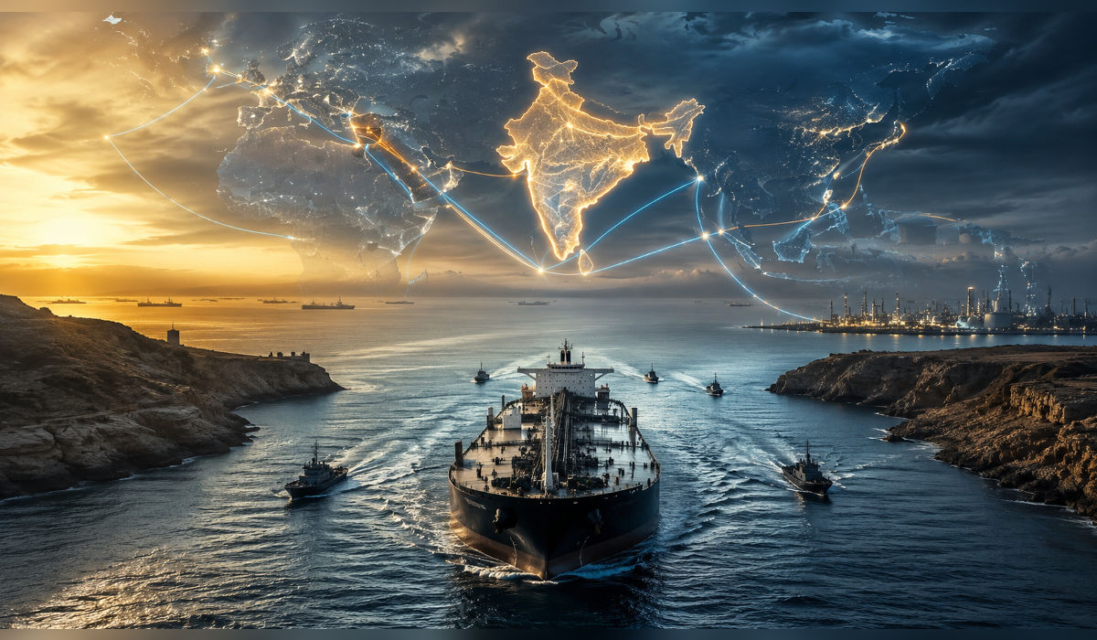 Oil tanker sailing through strategic maritime routes symbolising India’s energy import dependence and geopolitical connectivity