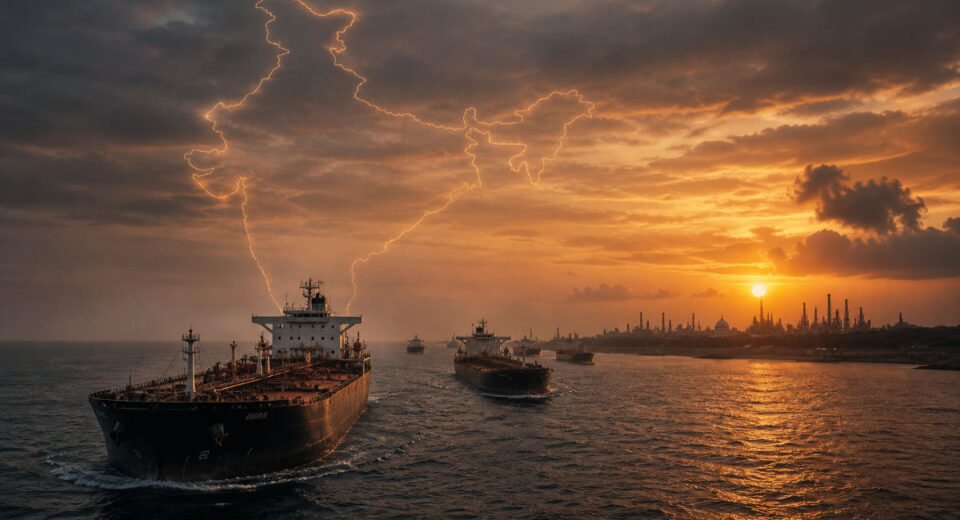 Oil tankers transporting crude oil towards India highlighting the country’s dependence on imported energy