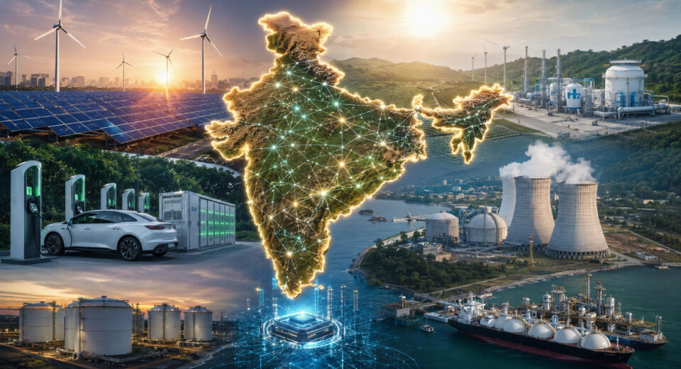 Illustration showing India’s transition toward a diversified and resilient energy system including renewables, hydrogen, nuclear and conventional fuels