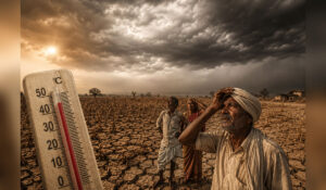 Editorial illustration showing extreme heatwave and weak monsoon conditions affecting Indian agriculture