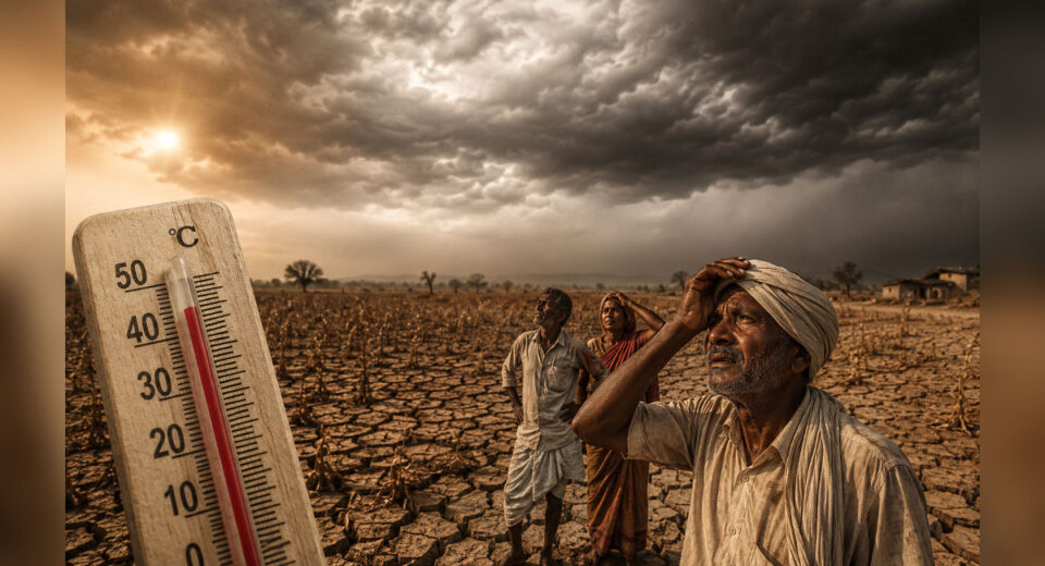 Editorial illustration showing extreme heatwave and weak monsoon conditions affecting Indian agriculture