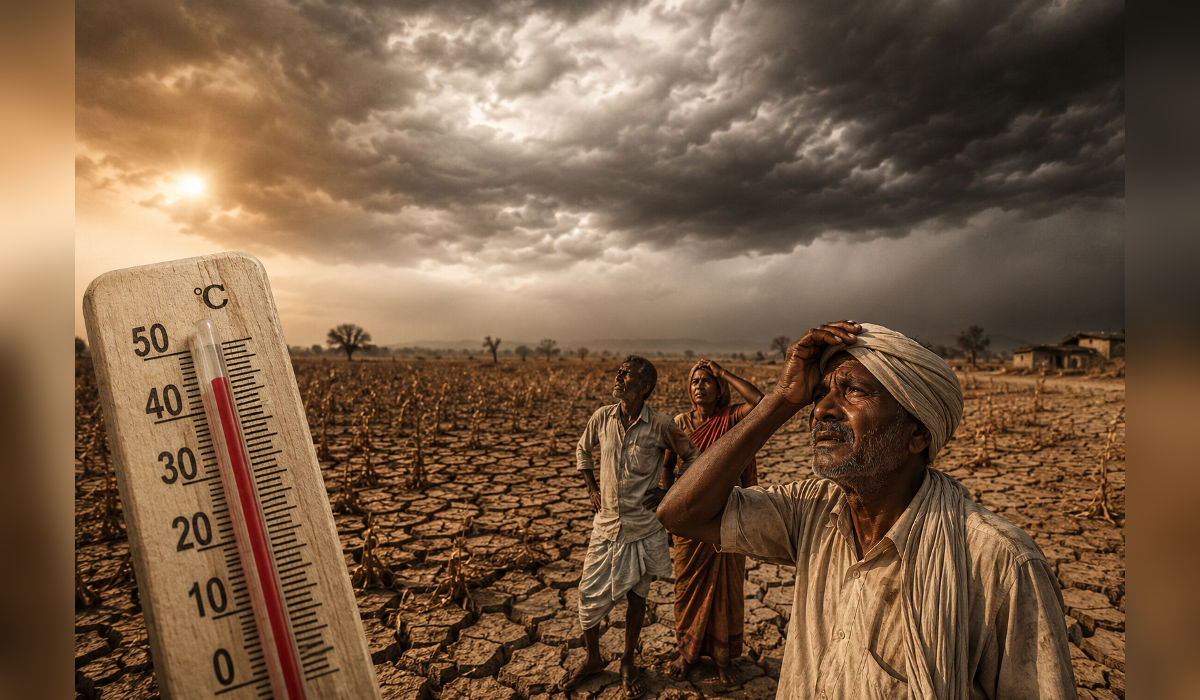 Editorial illustration showing extreme heatwave and weak monsoon conditions affecting Indian agriculture