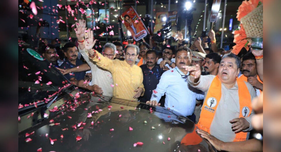 Shiv Sena (UBT) chief Uddhav Thackeray receives a grand welcome from party workers and supporters at Dr. Babasaheb Ambedkar International Airport in Nagpur during his Vidarbha tour.