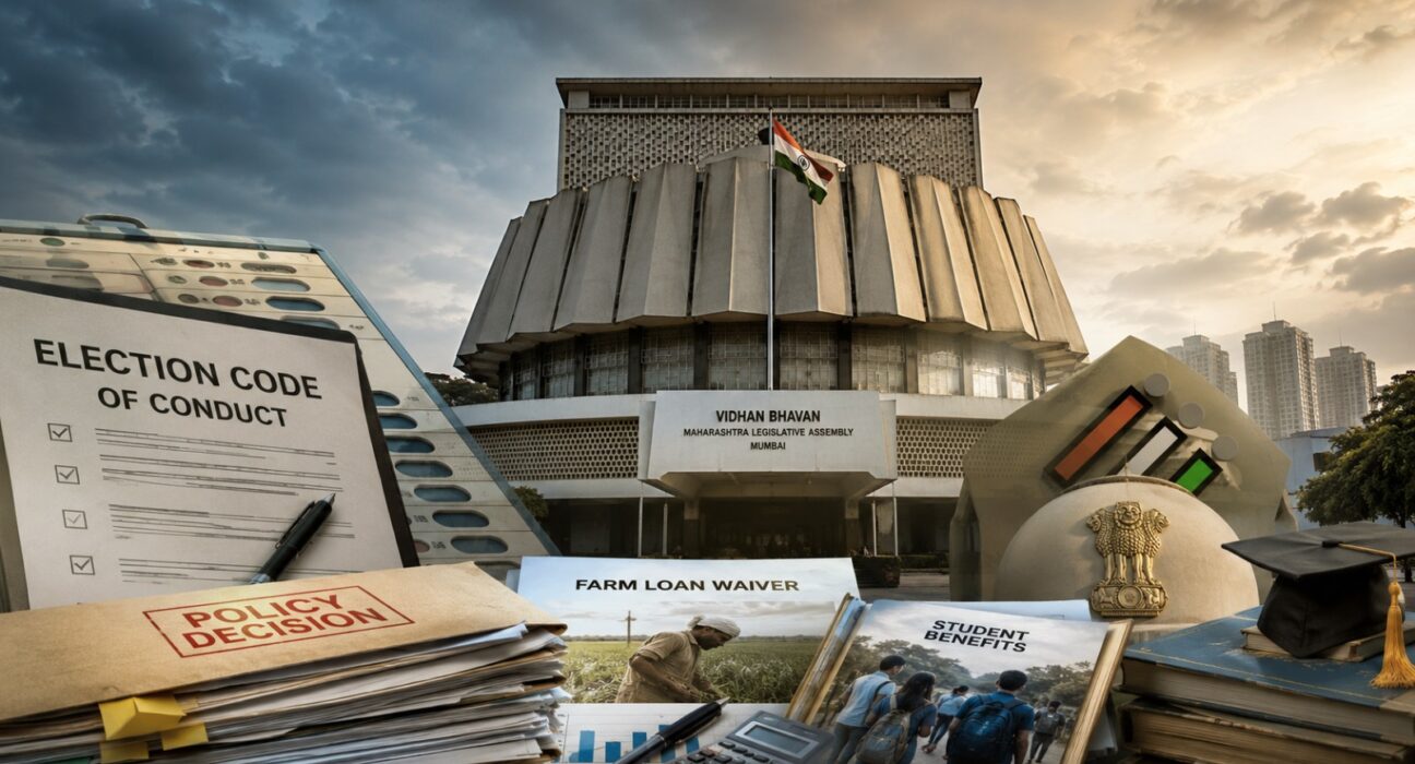 महाराष्ट्र विधानभवन, आचारसंहितेचे प्रतीकात्मक दस्तऐवज, कर्जमाफी आणि शैक्षणिक सवलतींसंबंधी सरकारी फाइल्स दर्शविणारे संपादकीय चित्र.