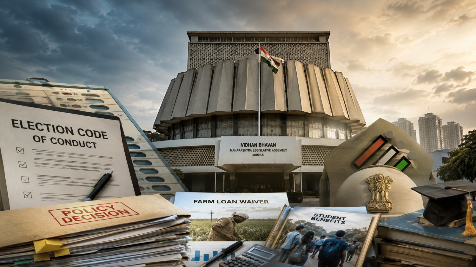 महाराष्ट्र विधानभवन, आचारसंहितेचे प्रतीकात्मक दस्तऐवज, कर्जमाफी आणि शैक्षणिक सवलतींसंबंधी सरकारी फाइल्स दर्शविणारे संपादकीय चित्र.