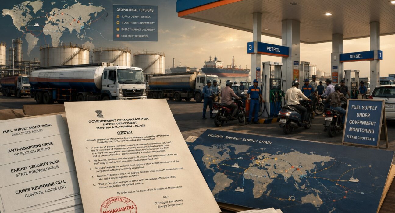 Petrol station in Maharashtra with fuel pumps, government order documents and fuel tankers symbolizing new restrictions on diesel sales and anti-hoarding measures introduced by the state government.