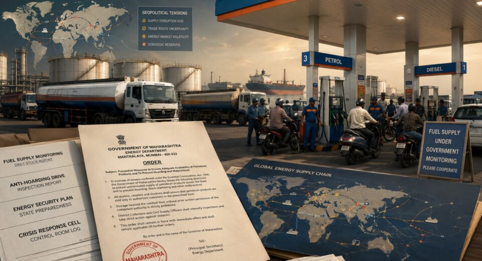Petrol station in Maharashtra with fuel pumps, government order documents and fuel tankers symbolizing new restrictions on diesel sales and anti-hoarding measures introduced by the state government.
