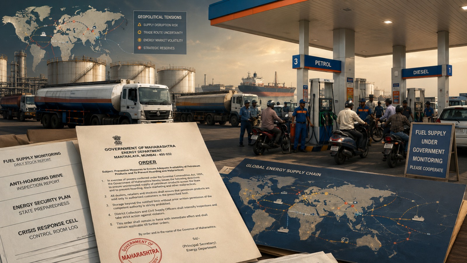 Petrol station in Maharashtra with fuel pumps, government order documents and fuel tankers symbolizing new restrictions on diesel sales and anti-hoarding measures introduced by the state government.