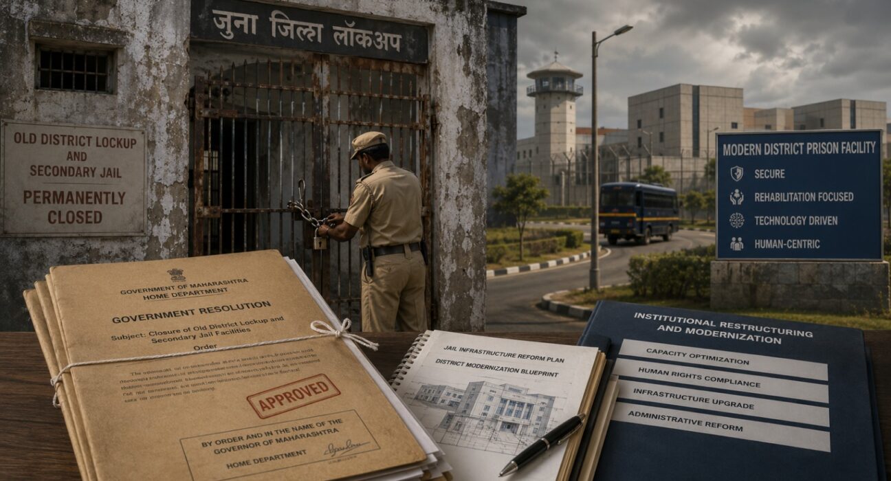 Closed prison gates with official Maharashtra government documents symbolizing the state's decision to permanently shut secondary jails as part of prison administration reforms.