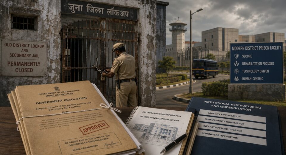 Closed prison gates with official Maharashtra government documents symbolizing the state's decision to permanently shut secondary jails as part of prison administration reforms.