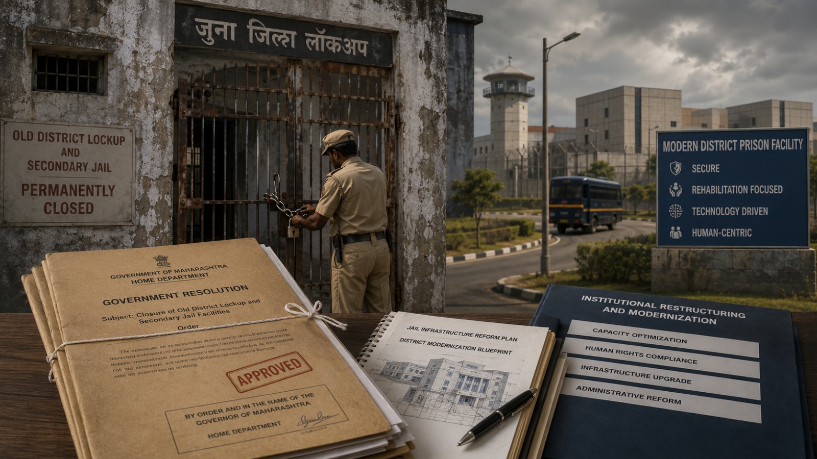 Closed prison gates with official Maharashtra government documents symbolizing the state's decision to permanently shut secondary jails as part of prison administration reforms.
