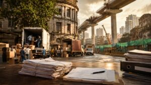 Metro Line 3 construction near Mumbai's Free Press Journal Marg with relocated office files, transport vehicles and government documents symbolizing Maharashtra government's decision to bear rent costs for displaced political party and government offices.