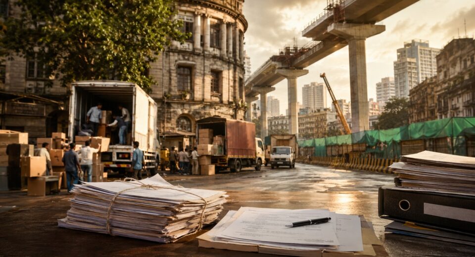 Metro Line 3 construction near Mumbai's Free Press Journal Marg with relocated office files, transport vehicles and government documents symbolizing Maharashtra government's decision to bear rent costs for displaced political party and government offices.