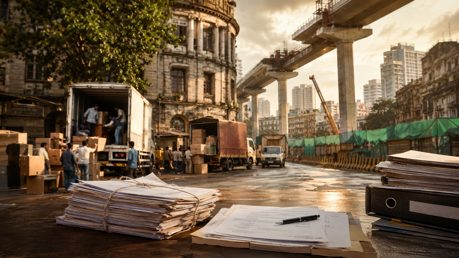 Metro Line 3 construction near Mumbai's Free Press Journal Marg with relocated office files, transport vehicles and government documents symbolizing Maharashtra government's decision to bear rent costs for displaced political party and government offices.