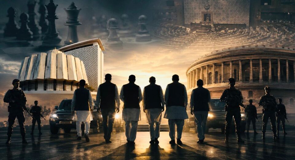 Six MPs walking under enhanced Y Plus security cover with armed security personnel, Maharashtra Vidhan Bhavan and Indian Parliament in the background, symbolising political realignment and security concerns in Maharashtra politics.