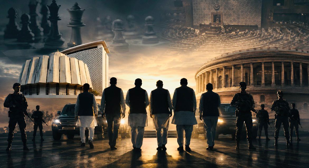 Six MPs walking under enhanced Y Plus security cover with armed security personnel, Maharashtra Vidhan Bhavan and Indian Parliament in the background, symbolising political realignment and security concerns in Maharashtra politics.