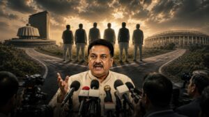 Shiv Sena spokesperson Sanjay Nirupam addressing the media amid political developments involving MPs from the Uddhav Thackeray faction, symbolising leadership crisis and political realignment in Maharashtra.