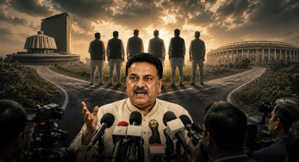 Shiv Sena spokesperson Sanjay Nirupam addressing the media amid political developments involving MPs from the Uddhav Thackeray faction, symbolising leadership crisis and political realignment in Maharashtra.