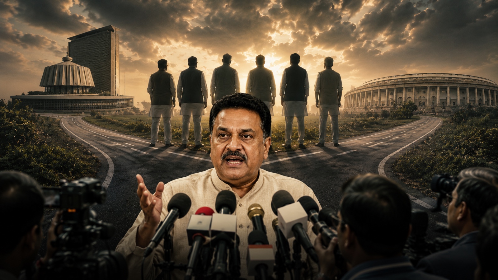 Shiv Sena spokesperson Sanjay Nirupam addressing the media amid political developments involving MPs from the Uddhav Thackeray faction, symbolising leadership crisis and political realignment in Maharashtra.