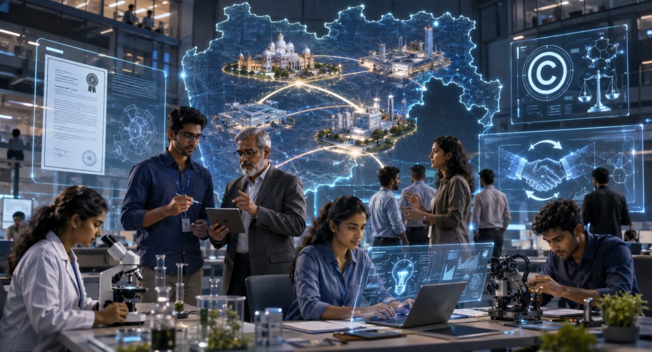 Researchers and innovation experts working in a technology and patent support centre symbolising Maharashtra's MANTRA initiative for intellectual property management and research commercialisation.