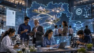 Researchers and innovation experts working in a technology and patent support centre symbolising Maharashtra's MANTRA initiative for intellectual property management and research commercialisation.