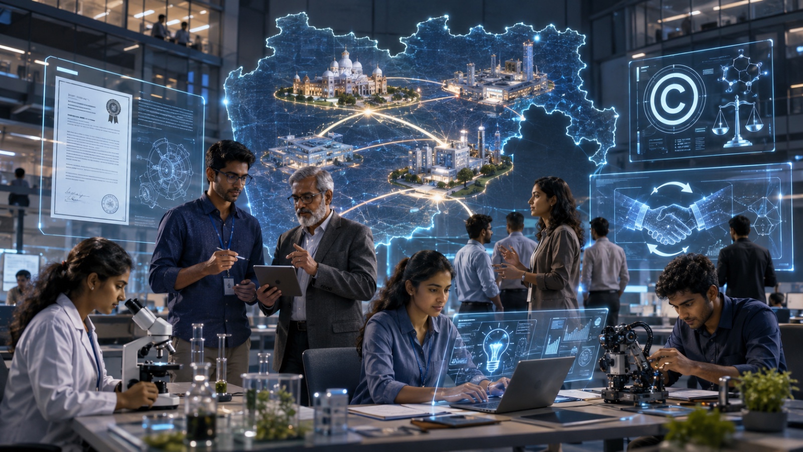 Researchers and innovation experts working in a technology and patent support centre symbolising Maharashtra's MANTRA initiative for intellectual property management and research commercialisation.