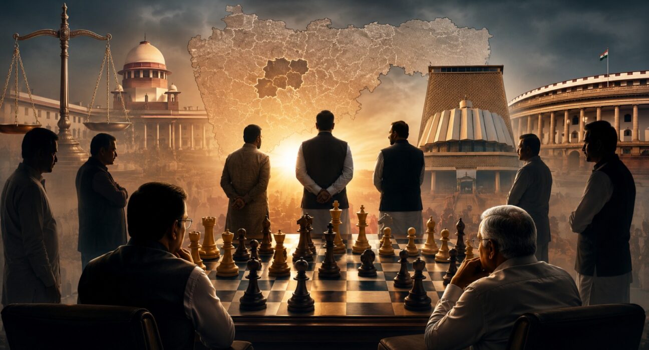 Conceptual illustration showing the political implications of the Pawanraje Nimbalkar murder case verdict on Maharashtra's major political parties and leadership.