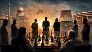 Conceptual illustration showing the political implications of the Pawanraje Nimbalkar murder case verdict on Maharashtra's major political parties and leadership.