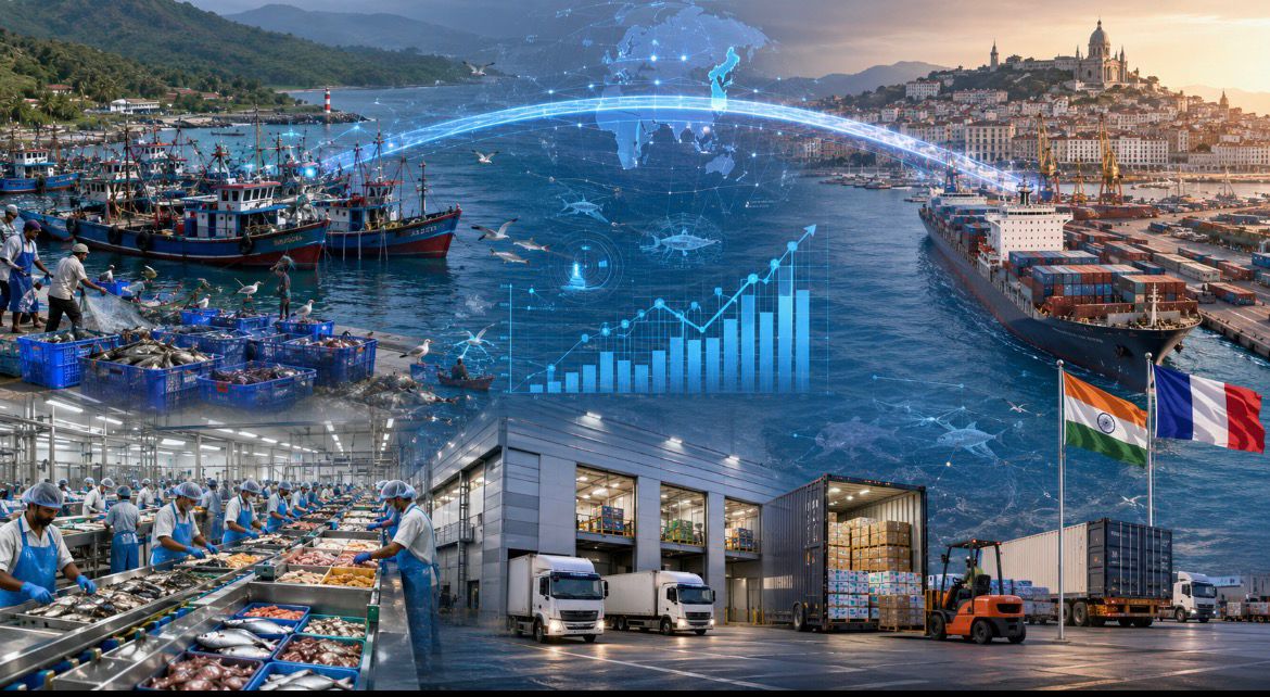 Editorial illustration showing Maharashtra’s fishing industry, seafood processing facilities, cold-chain logistics and export infrastructure connected to a French port, symbolising international cooperation in the blue economy sector.