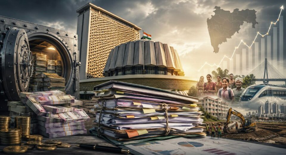 Editorial illustration depicting Maharashtra’s financial position with Vidhan Bhavan, stacks of budget documents, a treasury vault filled with currency, infrastructure projects and welfare beneficiaries, symbolising the state’s ₹97,706 crore supplementary demands.