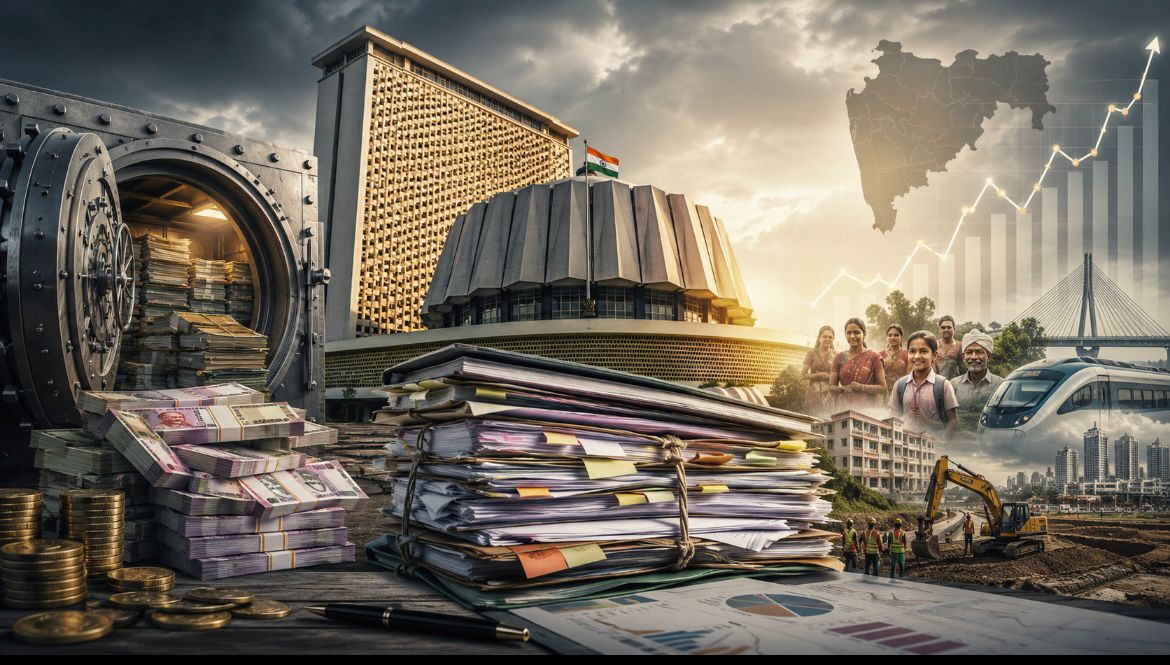 Editorial illustration depicting Maharashtra’s financial position with Vidhan Bhavan, stacks of budget documents, a treasury vault filled with currency, infrastructure projects and welfare beneficiaries, symbolising the state’s ₹97,706 crore supplementary demands.