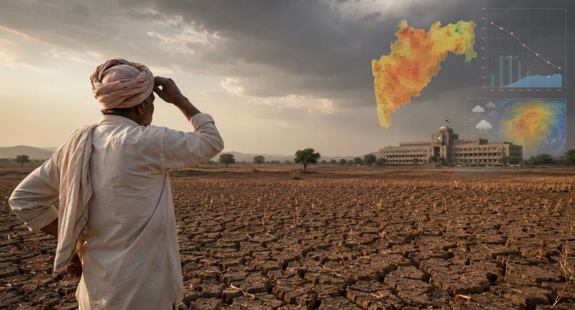 Cracked agricultural land in Maharashtra with a worried farmer as El Niño conditions raise concerns over drought and deficient monsoon rainfall.