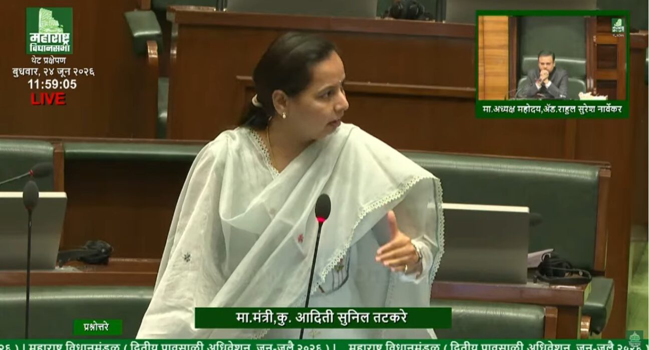 Women and Child Development Minister Aditi Tatkare speaking in the Maharashtra Legislative Assembly while responding to a discussion on child marriage prevention and the Bal Vivah Mukt Bharat campaign.