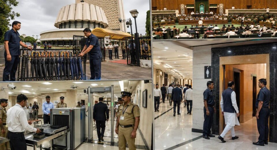 Security personnel manage umbrellas outside the Maharashtra Legislature while enhanced security screening and restricted access measures are enforced during the Monsoon Session.