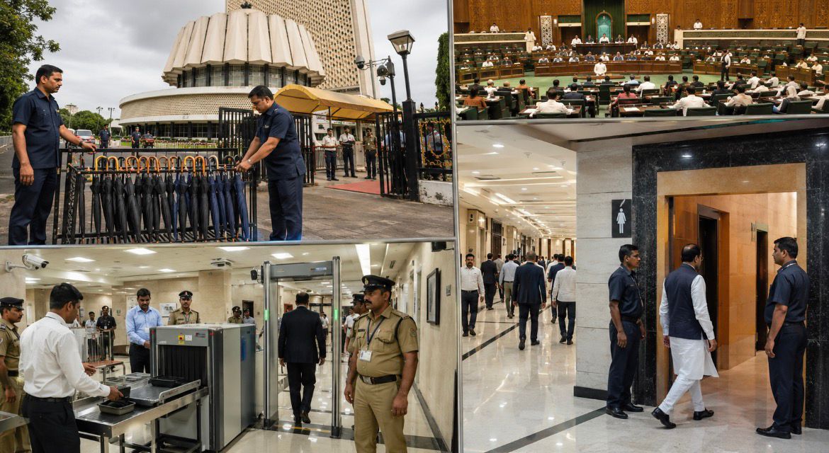 Security personnel manage umbrellas outside the Maharashtra Legislature while enhanced security screening and restricted access measures are enforced during the Monsoon Session.