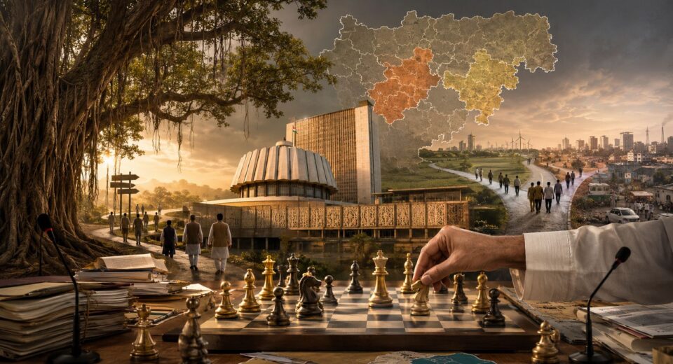 Editorial illustration depicting Maharashtra’s changing political landscape, symbolising political realignment, opposition uncertainty and shifting alliances following Operation Tiger.