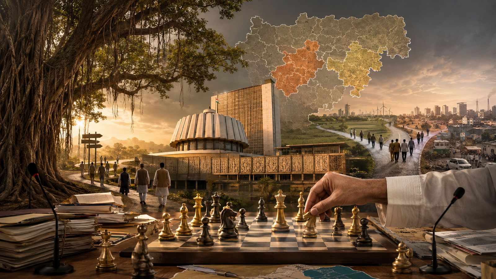 Editorial illustration depicting Maharashtra’s changing political landscape, symbolising political realignment, opposition uncertainty and shifting alliances following Operation Tiger.