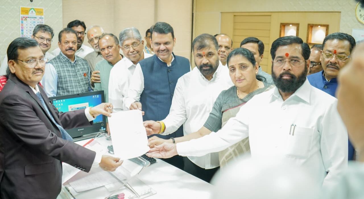 Chief Minister Devendra Fadnavis, Deputy Chief Minister Eknath Shinde and Mahayuti leaders during the filing of Sachin Ahir's nomination for the Maharashtra Legislative Council Deputy Chairman election at Vidhan Bhavan.