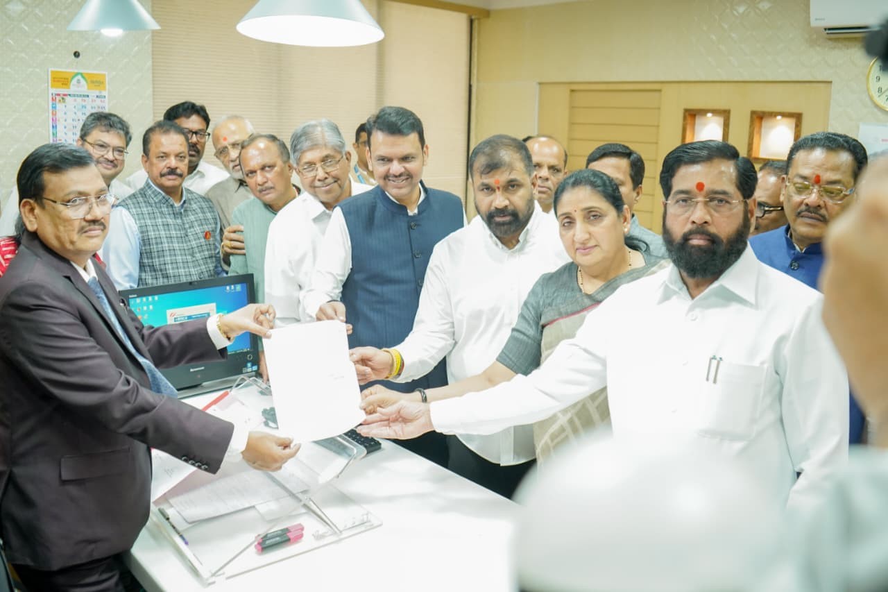 Chief Minister Devendra Fadnavis, Deputy Chief Minister Eknath Shinde and Mahayuti leaders during the filing of Sachin Ahir's nomination for the Maharashtra Legislative Council Deputy Chairman election at Vidhan Bhavan.