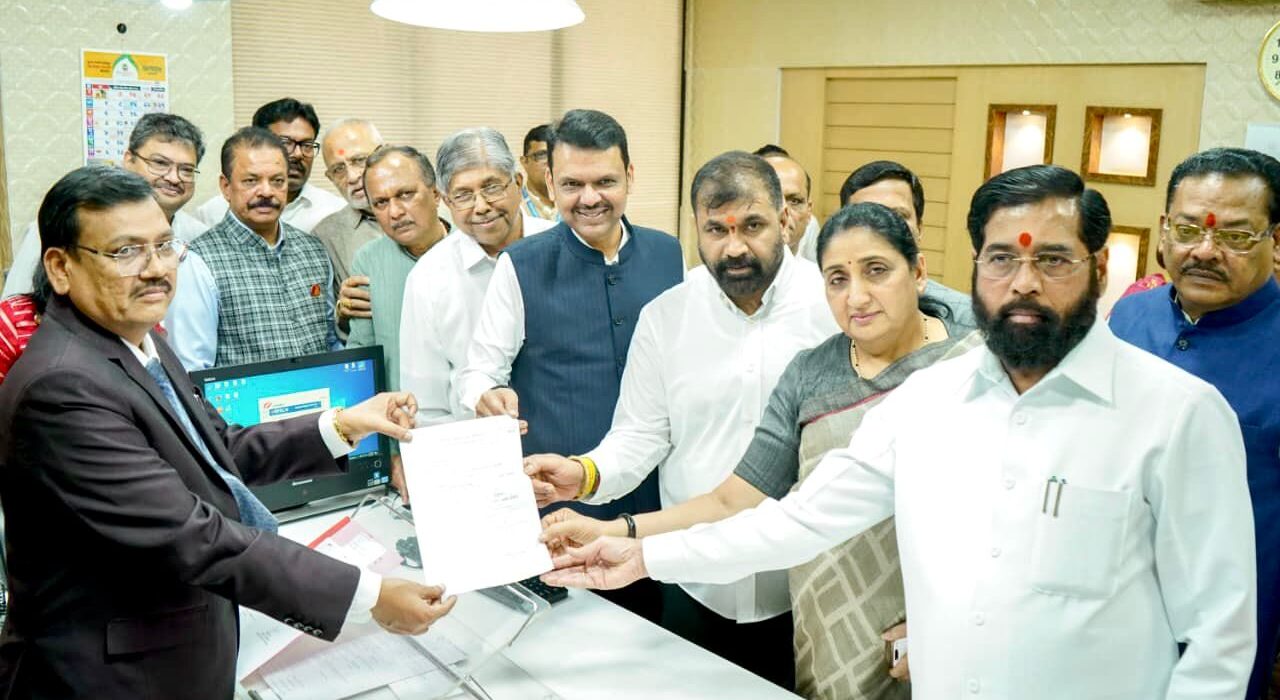 Shiv Sena leader Sachin Ahir files his nomination for the Maharashtra Legislative Council Deputy Chairman election in the presence of Chief Minister Devendra Fadnavis, Deputy Chief Minister Eknath Shinde and Mahayuti leaders.